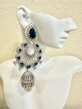 4” Rhodium Plated CZ & Blue Crystal Jhumka Style Earrings - High-End